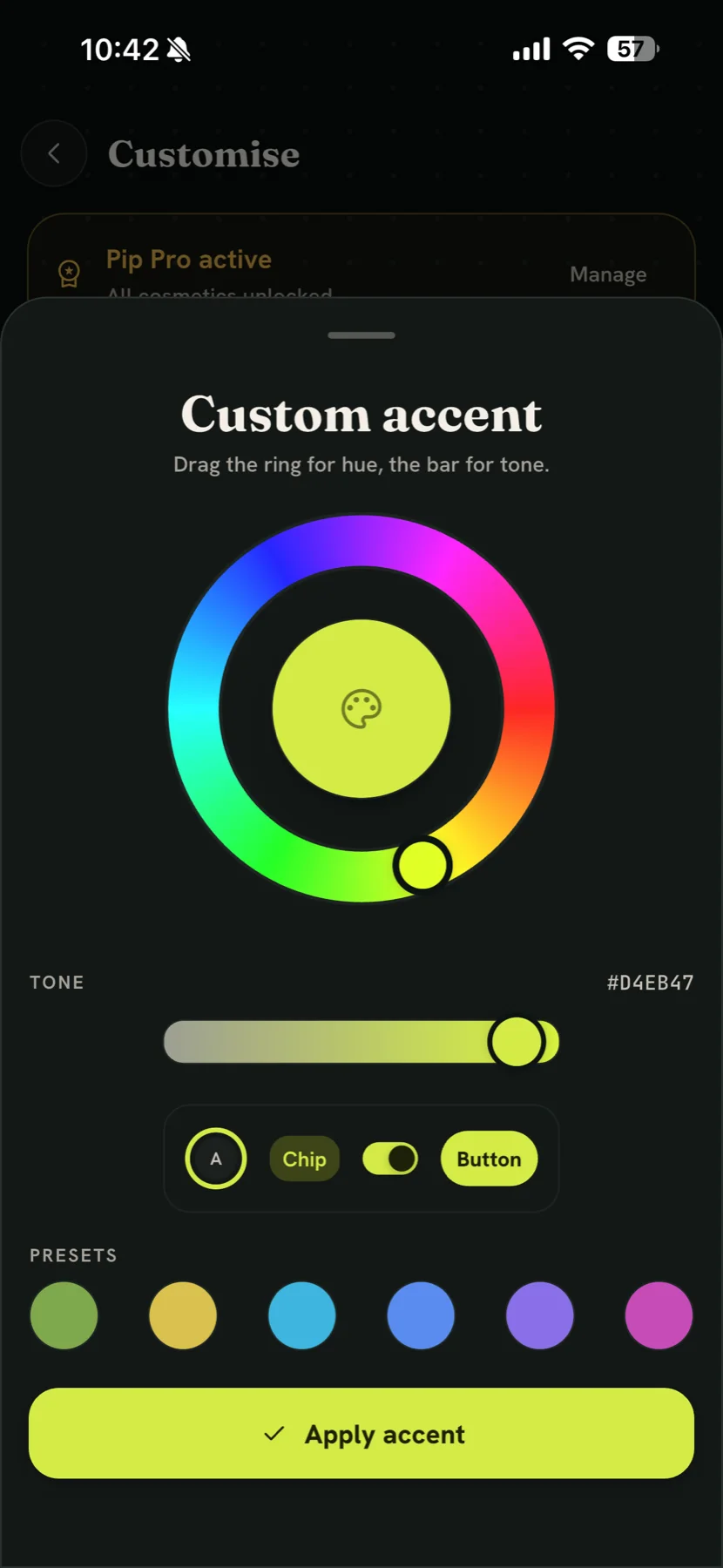 The custom accent sheet, with a hue ring and a tone bar, the resulting hex value shown as #D4EB47, a live preview row of a letter, chip, toggle and button in the chosen colour, six preset swatches, and an Apply accent button.