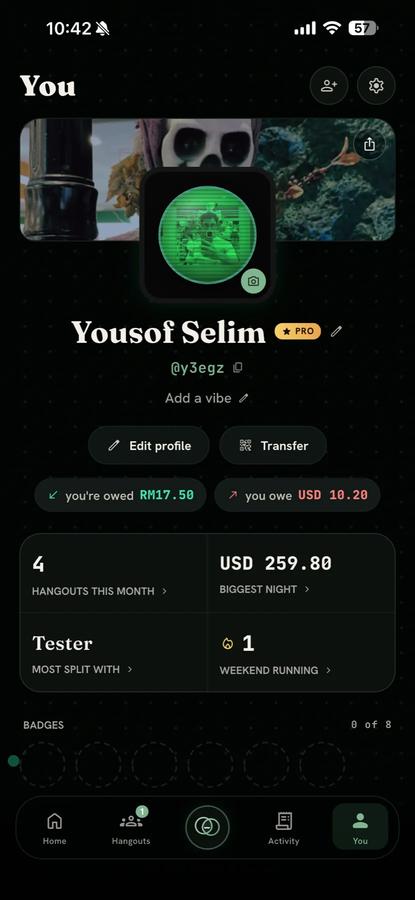 The Bupples profile screen on a phone. Below the member's name and handle sit two separate balance chips — "you're owed RM17.50" in green and "you owe USD 10.20" in red — above a grid of statistics: hangouts this month, biggest night, most split with, and a running weekend streak.