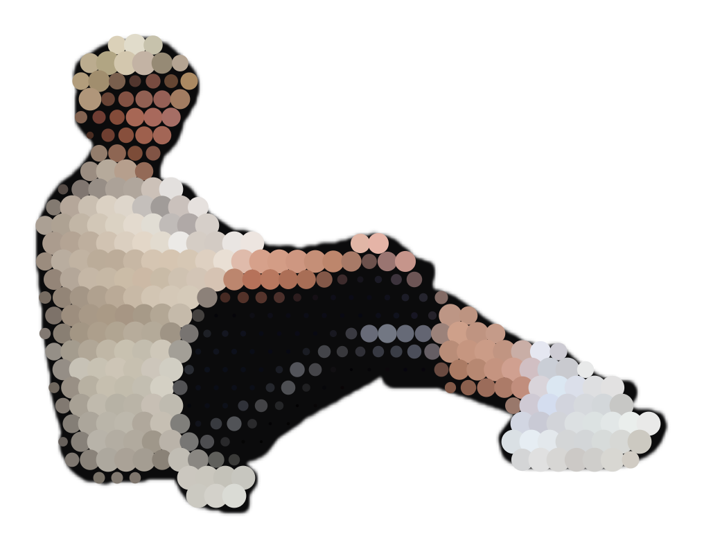 Yousof Selim sitting relaxed, rendered as a colour dot mosaic
